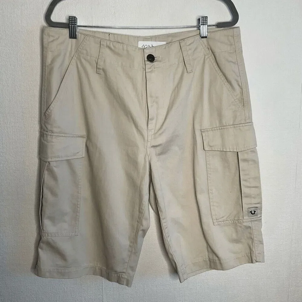 True Religion Men's Khaki Tan Cotton‎ Baggy Hi Rise Casual Cargo Shorts Size 33
